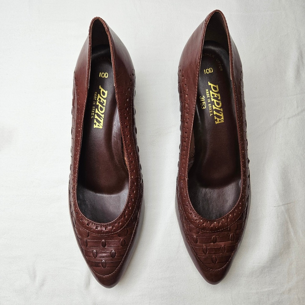 Pepita Brown Woven Leather Kitten Heel Pointed Toe Pumps Made in Brazil 10D 3153